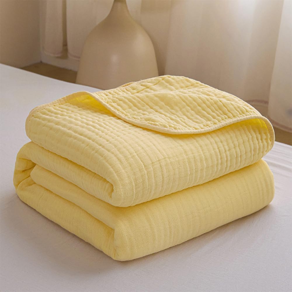 100% Cotton Muslin Throw Blanket,6-Layer Lightweight and Breathable Blanket, Luxuriously Soft Gauze Throws for Couch Bed Sofa, Ideal Gift Choice,Yellow,80x90 inch