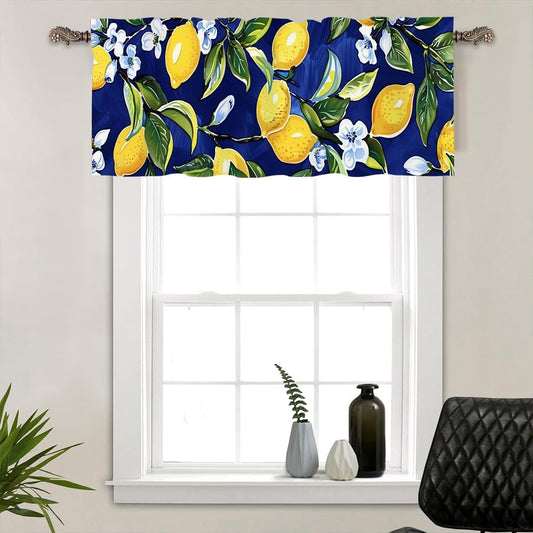 1 Panel Blue Floral Yellow Lemon Window Valances, Nature Food Fruit Window Treatment Decor Curtains Rod Pocket Valances for Kitchen/Living Room, 54" X 18"