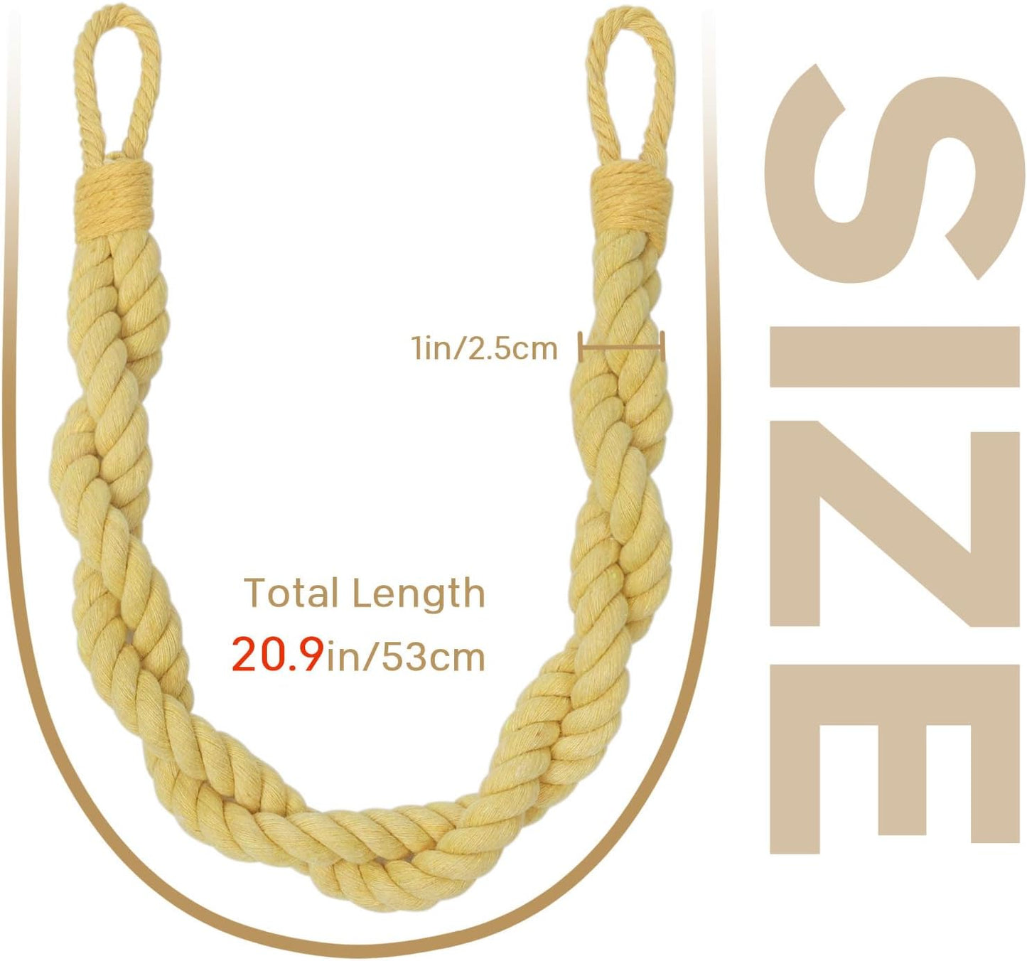 NICEEC 2 Pack Natural Cotton Rope Curtain Tiebacks Elegant Boho Style Decor Drape Tie Backs Soft Hand-Woven Double Rope Curtain Holdbacks with Metal Hook for Home & Office Drapery (Yellow)