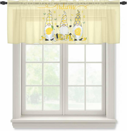 Sheer Window Valance Fruit Lemon Gnome Semi Voile Short Curtain Rod Pocket Farmhouse Plants Green Leaves Yellow Valances Window Treatment for Bedroom Living Room Kitchen 54x18in