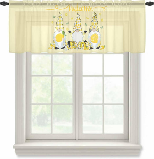 Sheer Window Valance Fruit Lemon Gnome Semi Voile Short Curtain Rod Pocket Farmhouse Plants Green Leaves Yellow Valances Window Treatment for Bedroom Living Room Kitchen 54x18in