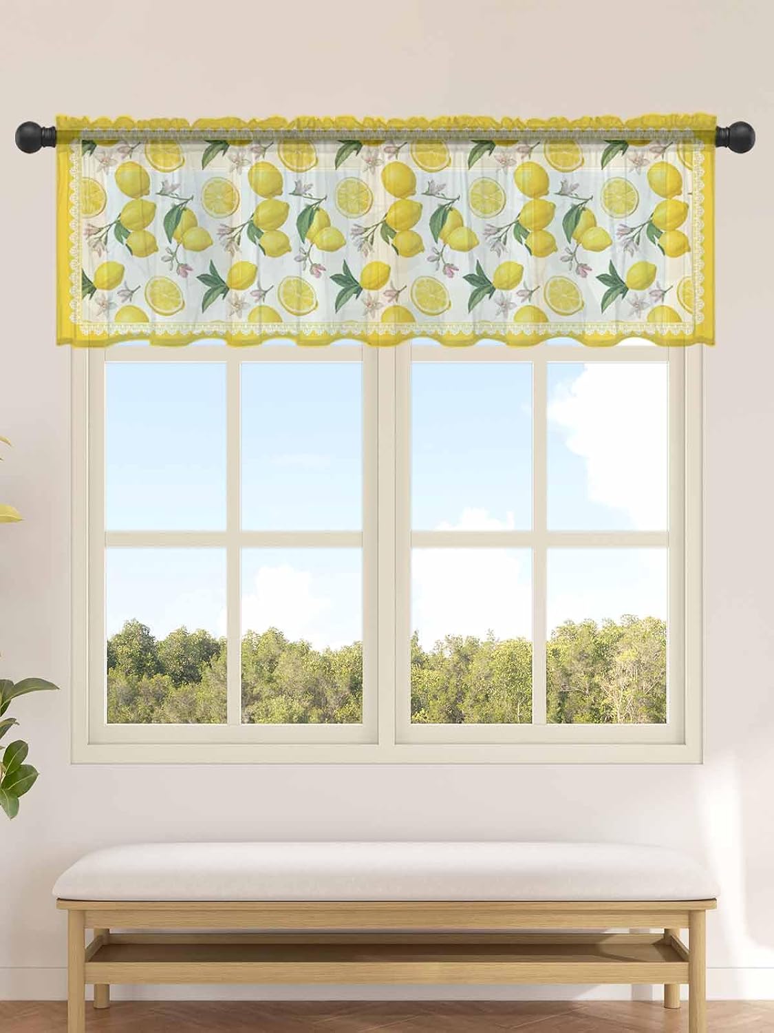 Yellow Summer Lemon Valance Curtains for Kitchen/Living Room/Bathroom/Bedroom Window, Summer Botanical Watercolor Rod Pocket Small Topper Half Short Window Curtains Voile Sheer Scarf, 54"x18"