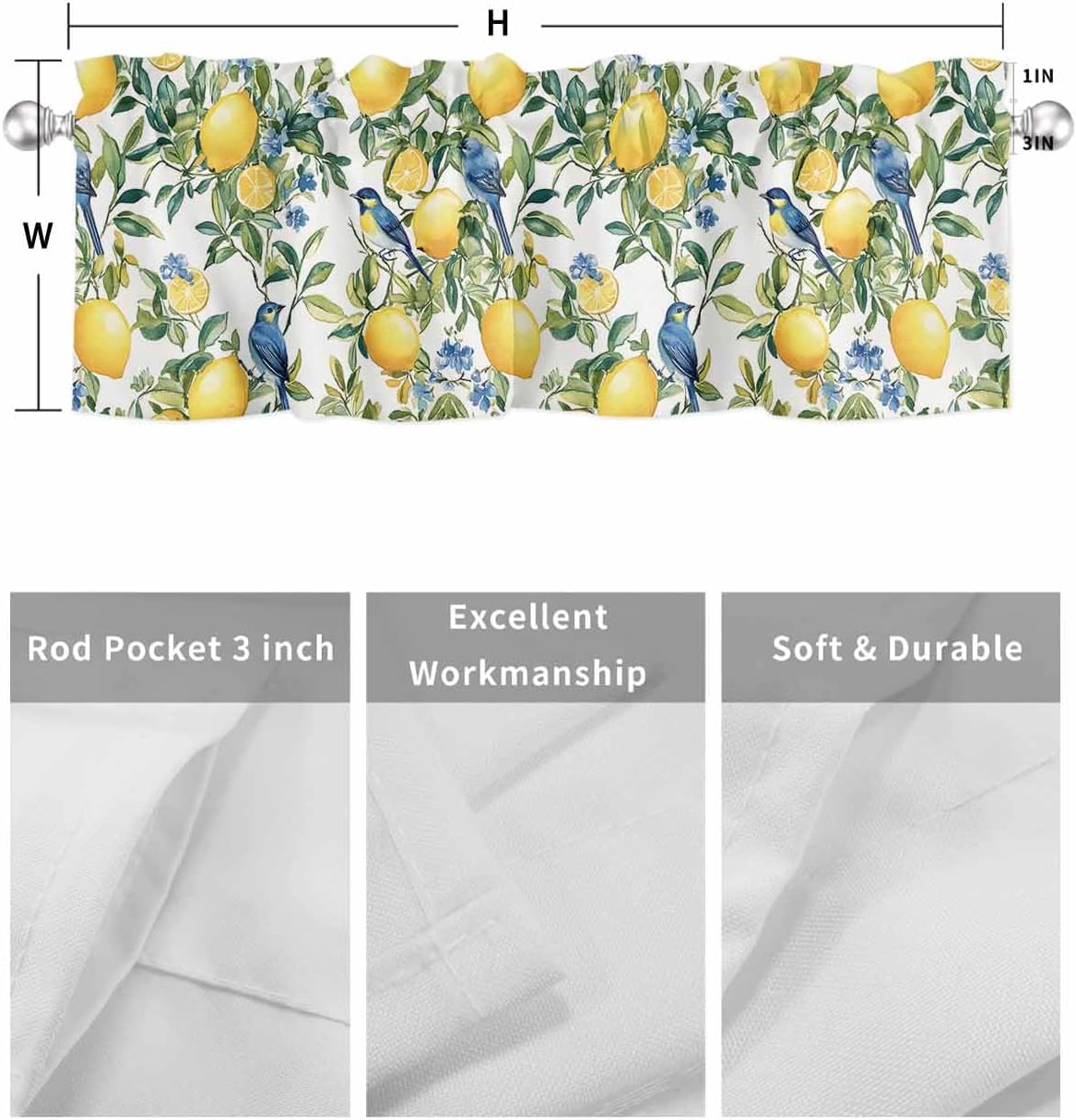 Chinoiserie Tropical Valances for Windows Yellow Lemon Blue Bird Pattern Kitchen Valance Curtains for Living Room/Bathroom Windows，Rod Pocket Cafe Curtain,1 Panel, 42" x12