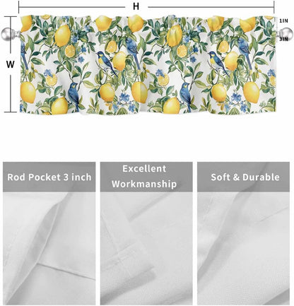 Chinoiserie Tropical Valances for Windows Yellow Lemon Blue Bird Pattern Kitchen Valance Curtains for Living Room/Bathroom Windows，Rod Pocket Cafe Curtain,1 Panel, 42" x12