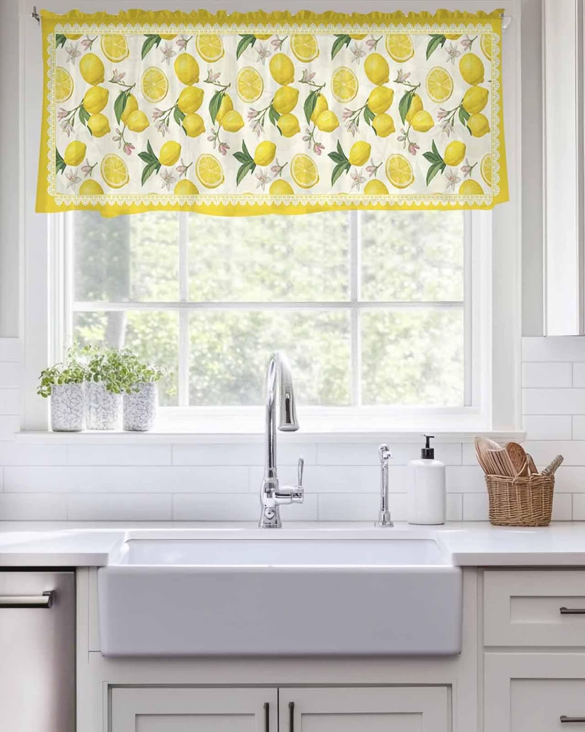 Yellow Summer Lemon Valance Curtains for Kitchen/Living Room/Bathroom/Bedroom Window, Summer Botanical Watercolor Rod Pocket Small Topper Half Short Window Curtains Voile Sheer Scarf, 54"x18"