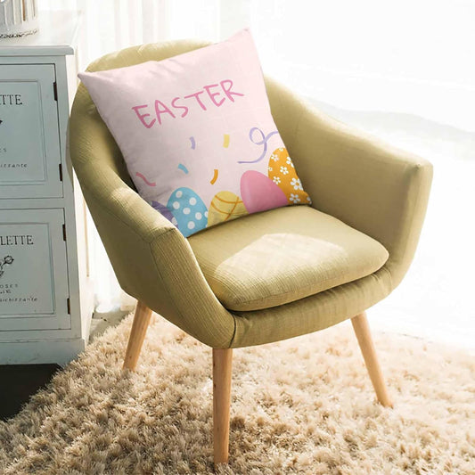 Easter Eggs Throw Pillow Cover Purple Blue Yellow Pink Eggs Light Orange Background Cotton Linen Cushion Cover Throw Pillow Case with Invisible Zipper for Couch Sofa Bed Chair Car 18x18 Inch