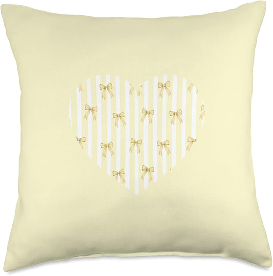 Pastel Yellow Coquette Ribbon Bow Stripes Cute Aesthetic Throw Pillow