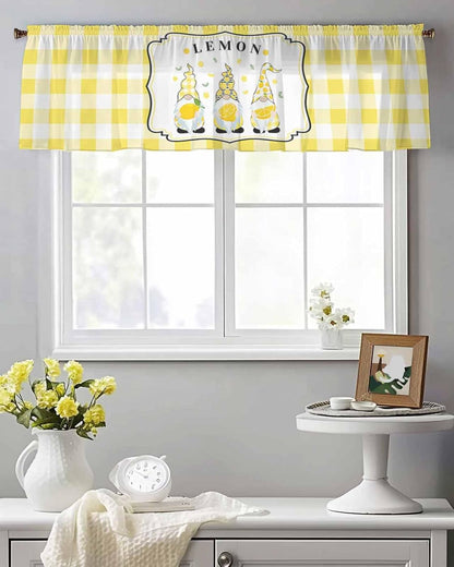 Sheer Valances for Windows Lemon and Gnomes Window Valances Rod Pocket Yellow Check Plaid Buffalo Window Treatment Sheer Curtains for Kitchen Living Room Bedroom Bathroom 54x18in