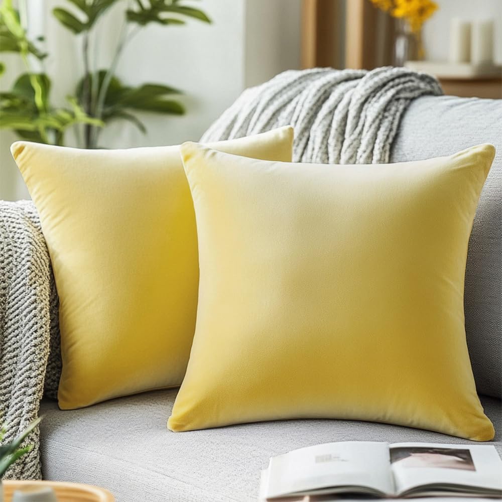 QUORGVES Yellow Velvet Throw Pillow Covers 18x18 Inch Set of 2 | Covers Only,Ultra-Soft,Hidden Zipper,Easy Care,Decorative Accent Cushion Covers for Couch Sofa Bed Decor,Light Yellow