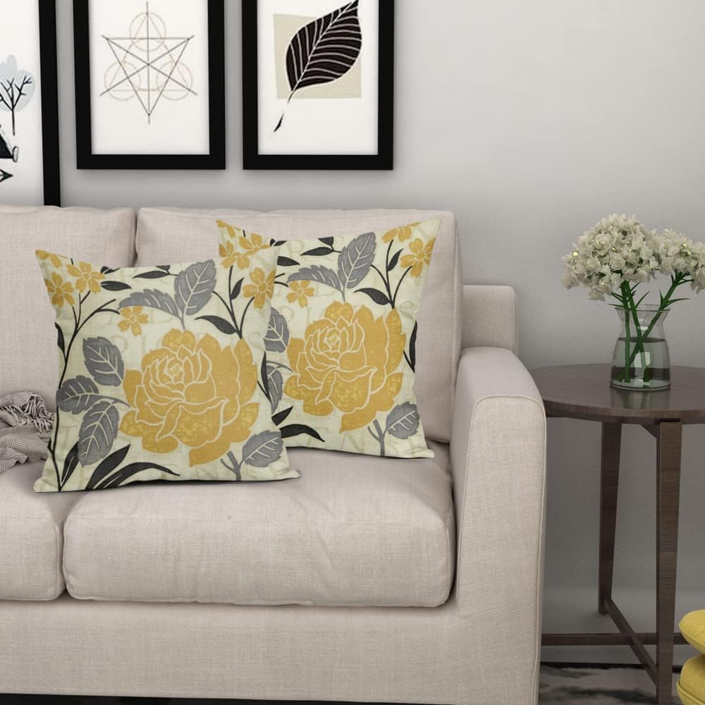 Kawani Grey and Yellow Flower Pillow Covers 20x20 Set of 2 Mustard Yellow Case Soft Decorative Spring Outdoor Cotton Linen Leaf Pillowcases Decor Gifts for Home Patio Couch Sofa (TPC-23042406)