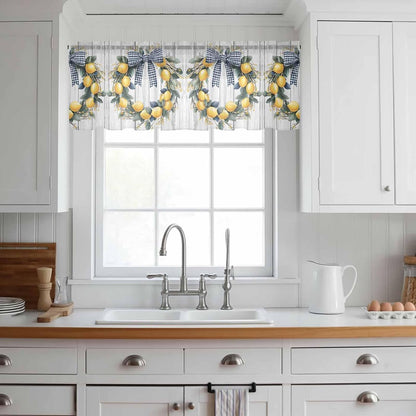Farmhouse Style Sheer Curtain 18 Inch Long Lemon Garland Bow Wood Grain Light Filtering Rod Pocket Voile Curtain Valance for Bedroom Kitchen Cafe Window 54" W x 18" L