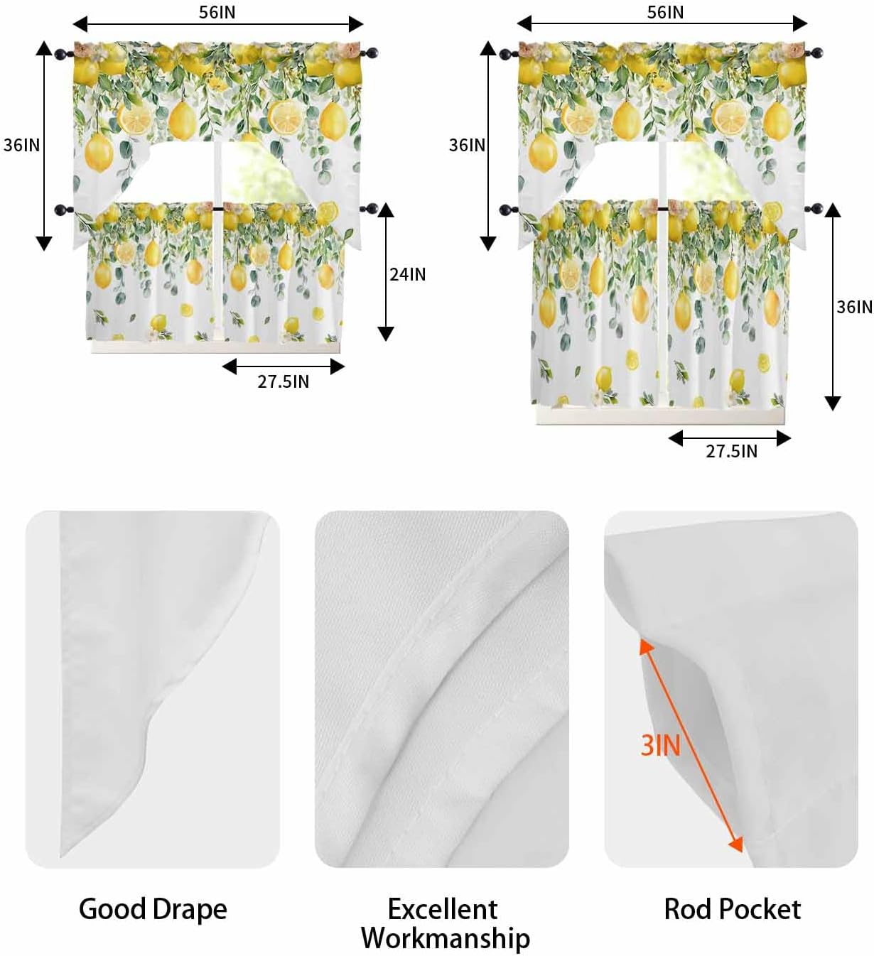 Yellow Lemon Kitchen Curtains Sets for Windows 3 Piece, Summer Fruit Kitchen Curtains and Valances Tier Set 24 Inch Length Green Eucalyptus Leaf Flower Swag Curtain for Living Room Cafe Bath Bedroom