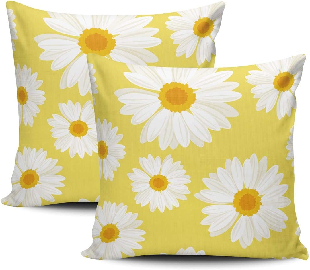 Home Set of 2 Pillow Case Yellow White Daisy Fashion Cute Throw Pillow Covers Cushion Decorative Pillowcase Square 22 x 22 Inches