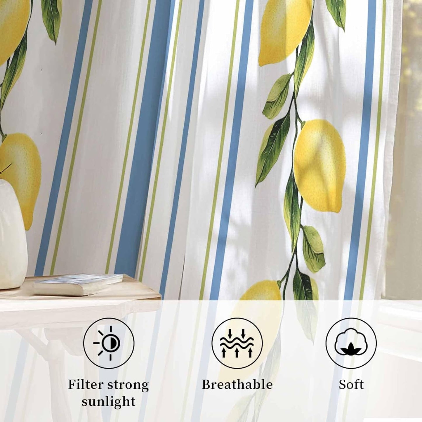 Lemon Striped Sheer Curtains 72 Inch Length Yellow Fruit Blue White Geometric Chiffon Curtain for Bedroom Living Room Light Filtering Rod Pocket Window Treatments Voile Curtains Drapes for Dining