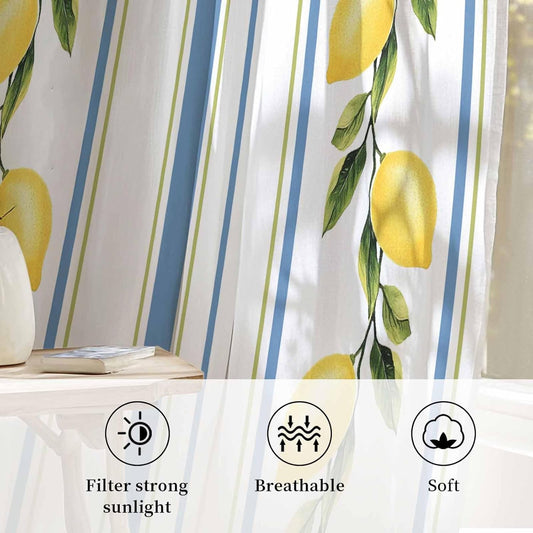 Lemon Striped Sheer Curtains 72 Inch Length Yellow Fruit Blue White Geometric Chiffon Curtain for Bedroom Living Room Light Filtering Rod Pocket Window Treatments Voile Curtains Drapes for Dining