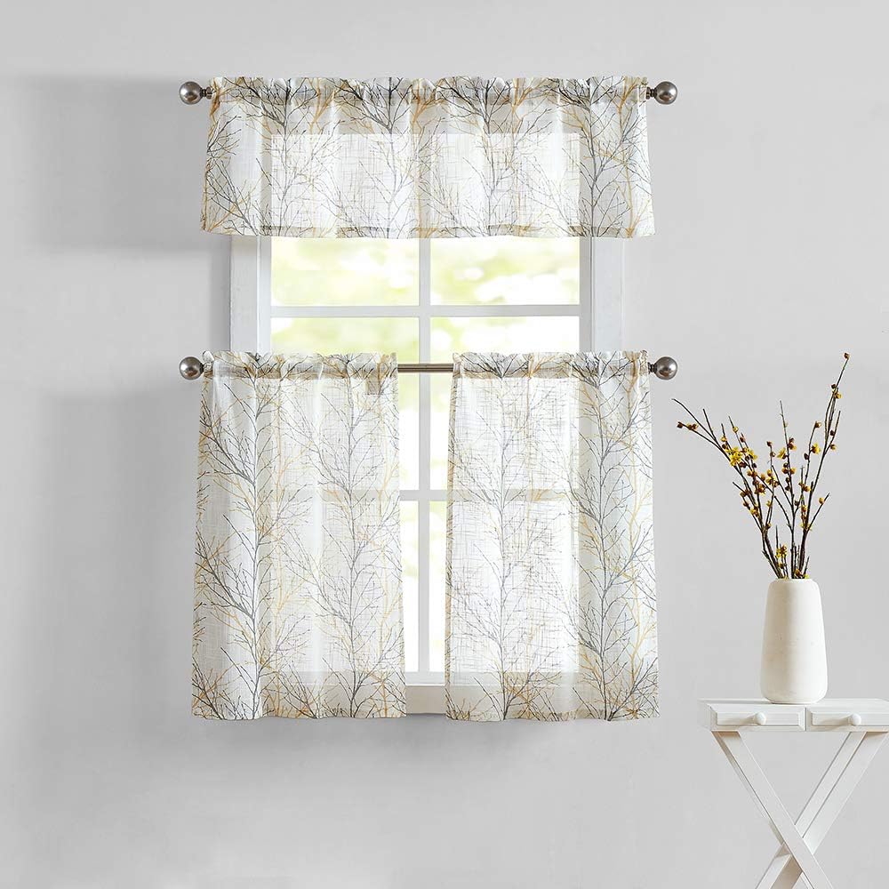 FMFUNCTEX Window Valance Curtains Yellow Grey Tree Branch Print on Semi Sheer White Short Valance for Kitchen Bathroom Rod Pocket Window Treatment 1 Panel, 50 x 15 Inches