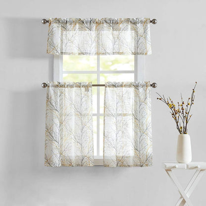 FMFUNCTEX Window Valance Curtains Yellow Grey Tree Branch Print on Semi Sheer White Short Valance for Kitchen Bathroom Rod Pocket Window Treatment 1 Panel, 50 x 15 Inches