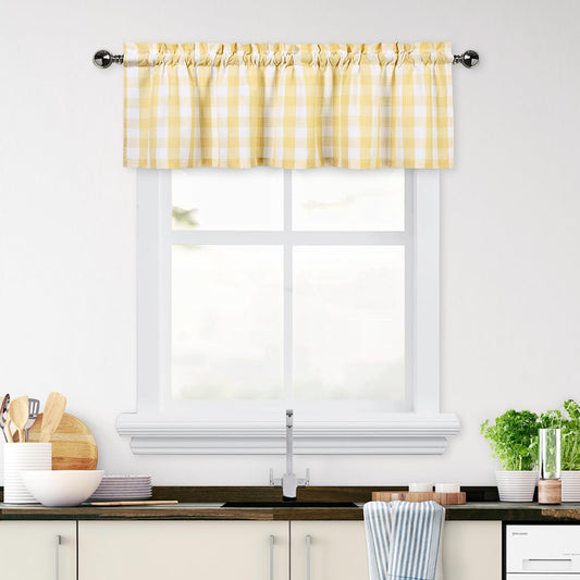 Gingham Buffalo Check Autumn Yellow Cafe Kitchen Curtain Valances, Plaid Design Thick Yarn Dyed Fabric Rod Pocket Valance Curtains for Bathroom, Living Room, 55" x 15", Yellow/White