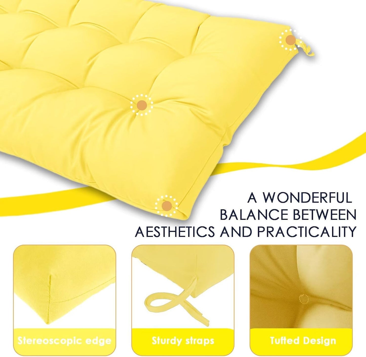 MTMR Outdoor Bench Cushion for Furniture 40X19 Inch Tufted Porch Swing Cushions with High Elasticity PP Cotton and Durable Ties, Thick Bench Seat Cushions for Patio Furnitures Yellow
