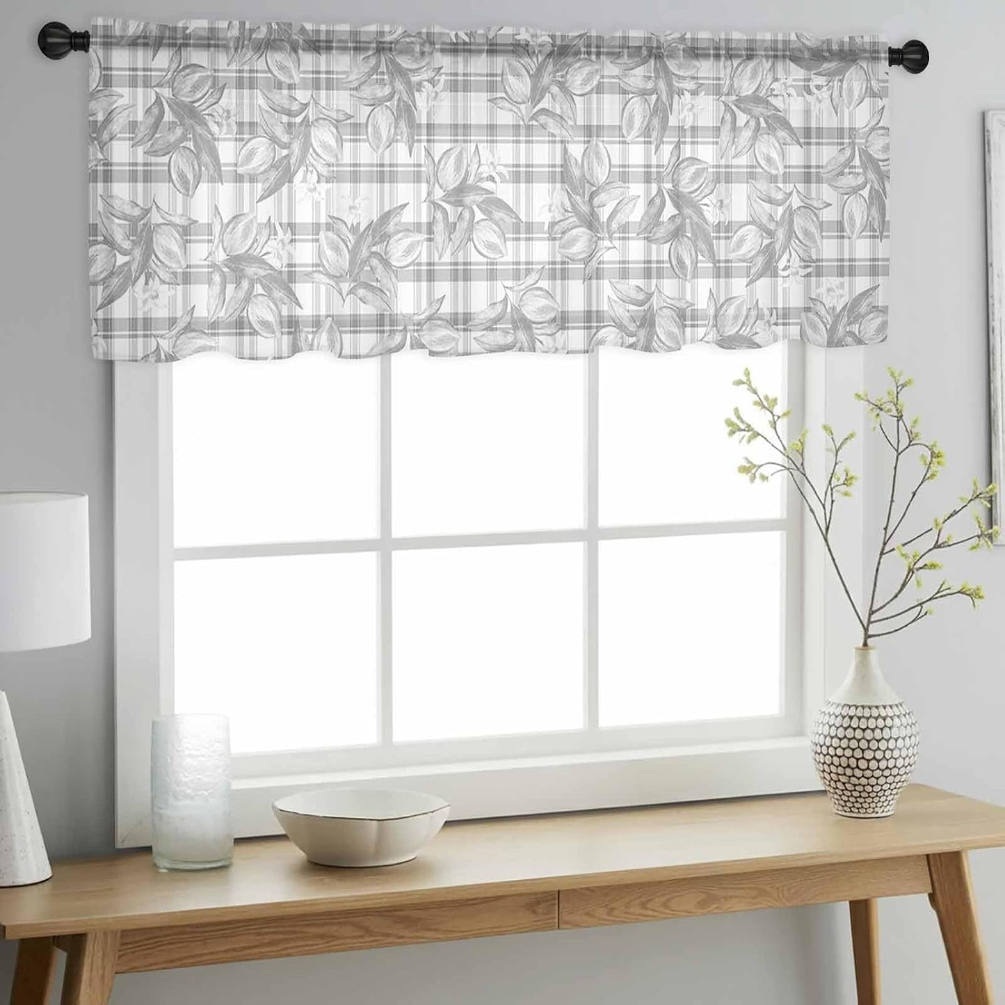 Hand Painted Sheer Curtain 18 Inch Long Summer Lemon Flowers Grey Plaid Light Filtering Rod Pocket Voile Curtain Valance for Bedroom Kitchen Cafe Window 54" W x 18" L