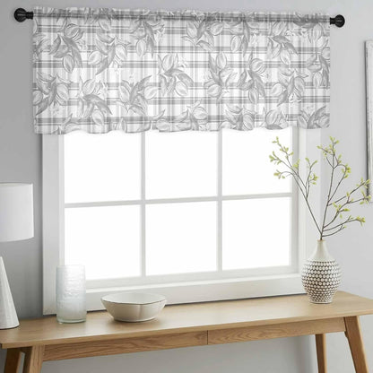 Hand Painted Sheer Curtain 18 Inch Long Summer Lemon Flowers Grey Plaid Light Filtering Rod Pocket Voile Curtain Valance for Bedroom Kitchen Cafe Window 54" W x 18" L