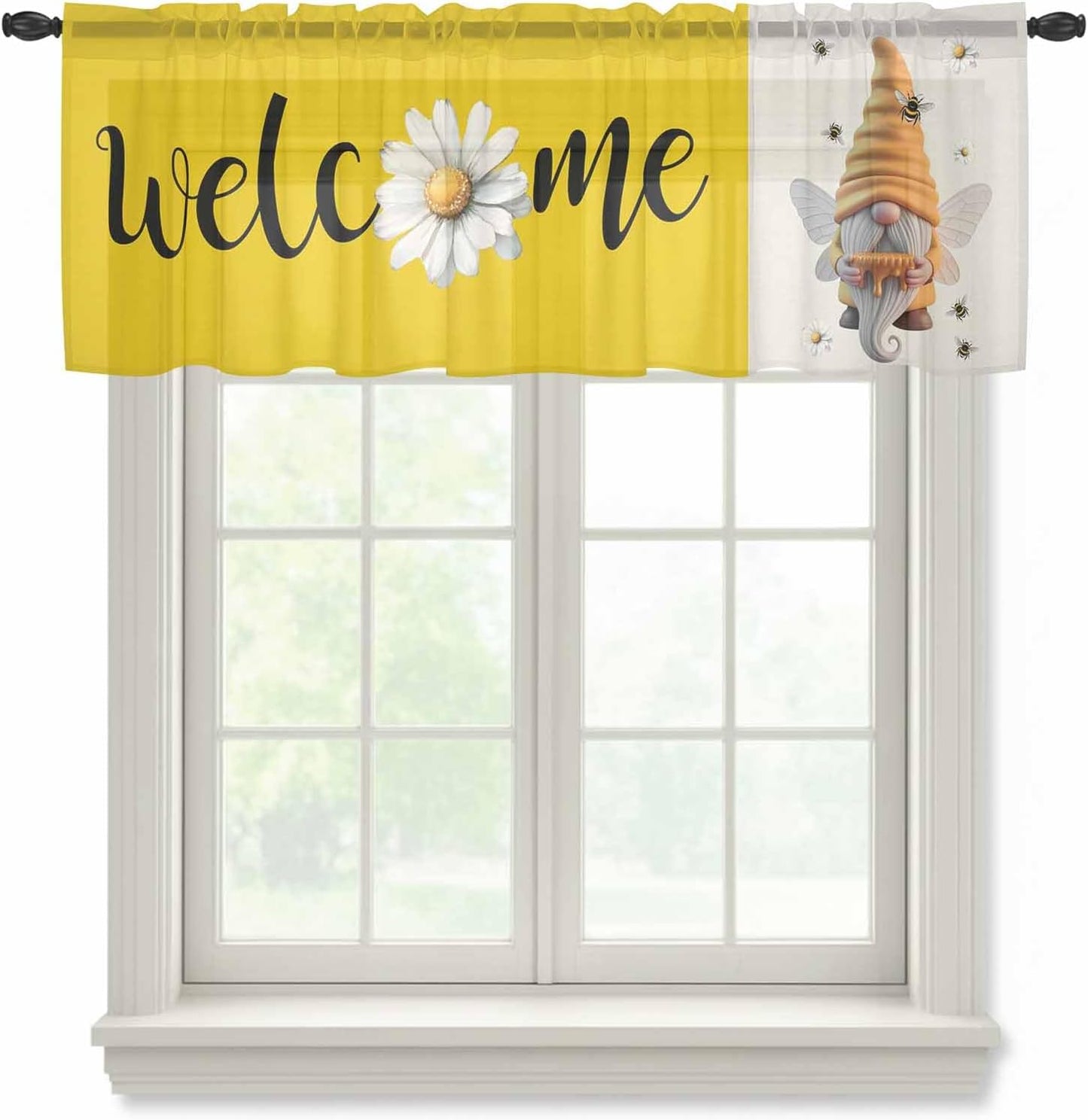 Honey Welcome Sheer Valance Curtains, Yellow Bee Gnome Wings Daisy Farmhouse Linen Light Filtering Kitchen Valances Rod Pocket Voile Curtain Window Treatment for Bedroom/Living Room/Basement 54Wx18L