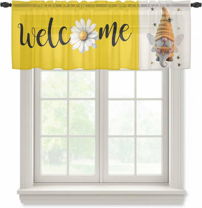Honey Welcome Sheer Valance Curtains, Yellow Bee Gnome Wings Daisy Farmhouse Linen Light Filtering Kitchen Valances Rod Pocket Voile Curtain Window Treatment for Bedroom/Living Room/Basement 54Wx18L