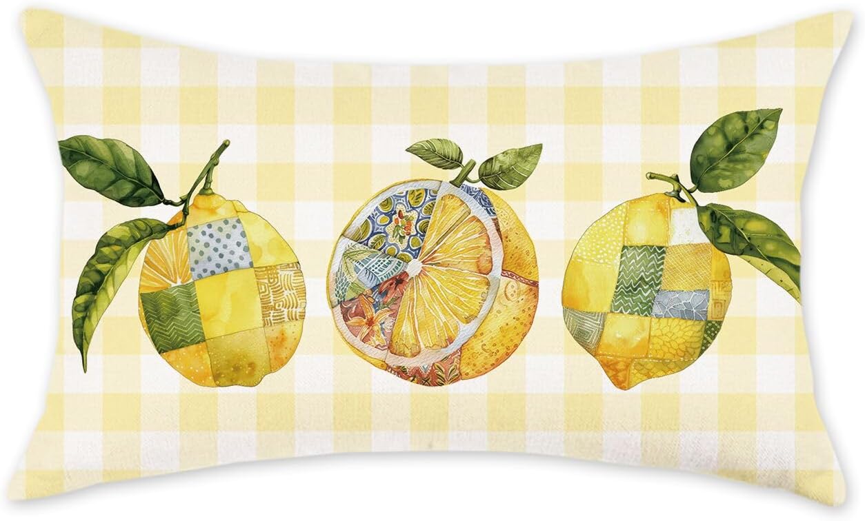 ONWAY Summer Throw Pillow Cover 12x20 Inch Lemon Yellow Buffalo Plaid Decorative Pillowcase Farmhouse Outdoor Patio Holiday Cushion Case for Sofa Couch Bed