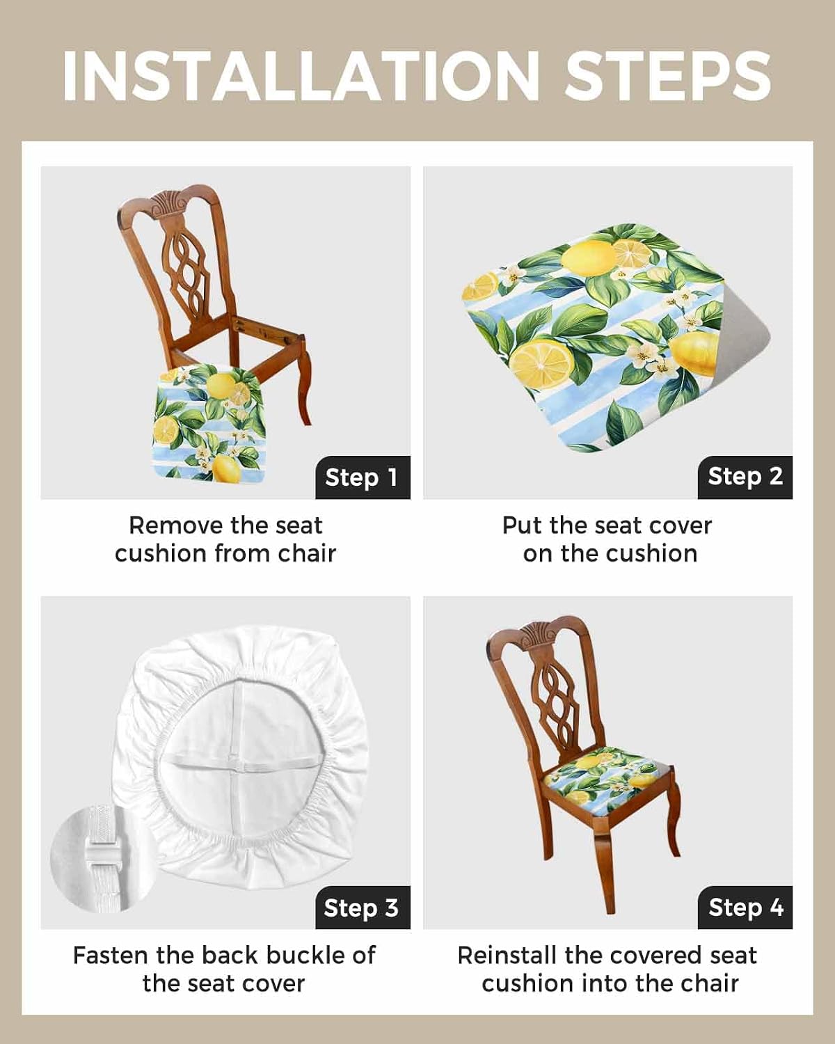 Savannan Dining Room Chair Seat Covers Set of 4 Summer Lemon Yellow Removable Stretch Chair Seat Cushion Slipcovers Protector for Holiday Party Festival Decoration, Green Leaf Blue Stripes