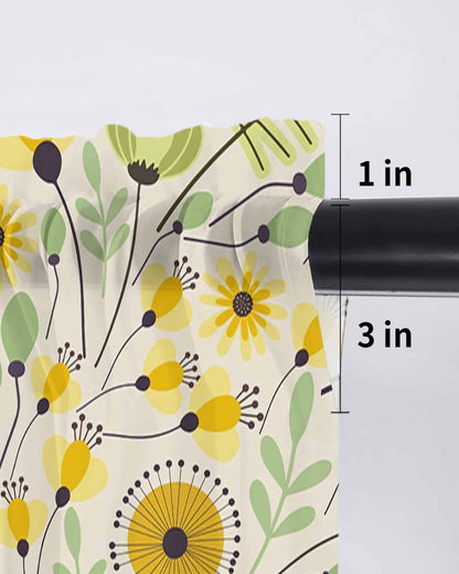 Yellow Abstract Botanical Sheer Kitchen Tier Curtains 24 inch length, Farmhouse Seasonal Garden Floral Window Valances, Spring Flowers Rod Pocket Short Curtains for Small Windows 27.5"x24" 2 Panels