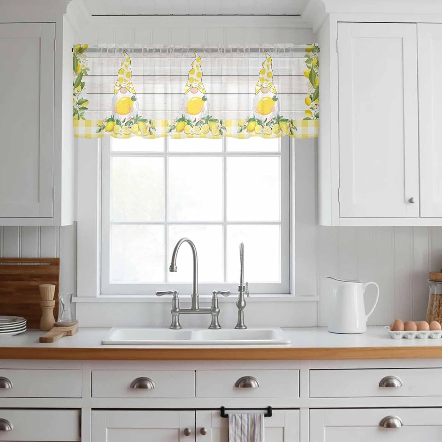 Lemon Gnomes Sheer Curtains Valances for Windows Summer Country Yellow Fruit Wooden Plaid Chiffon Kitchen Valances for Cafe, Voile Window Treatments Curtains for Living Room Bedroom, 54"x18"