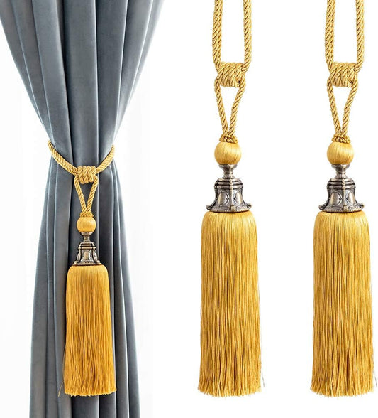 Melodieux Decorative Curtain Tiebacks Antique Tassels Holdbacks - Home Office Window Drapery Fasteners Fringe Ropes, Set of 2 (Yellow)