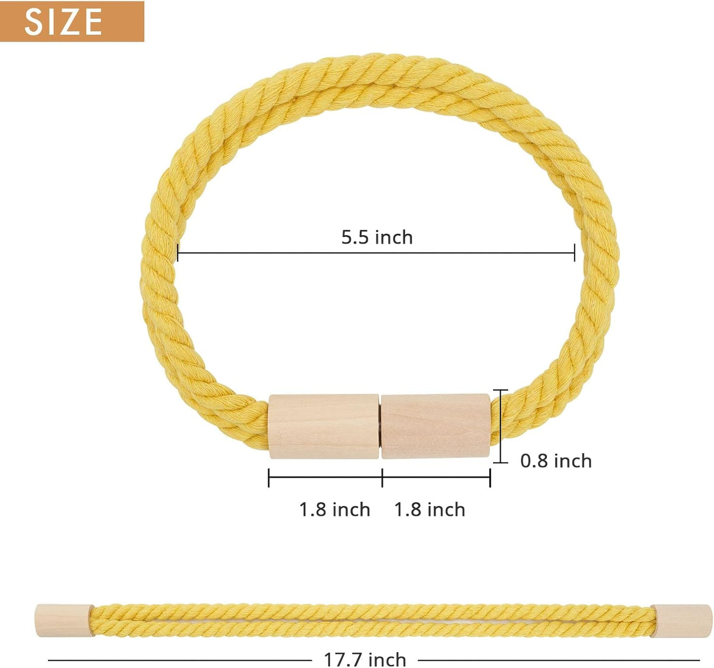 NICEEC 2 Pack Wooden Magnetic Curtain Tiebacks Boho Decoration Drape Tie Backs Natural Cotton Handmade Double Rope Curtain Holdbacks for Thin & Thick Home & Office Window Drapery (New Yellow)