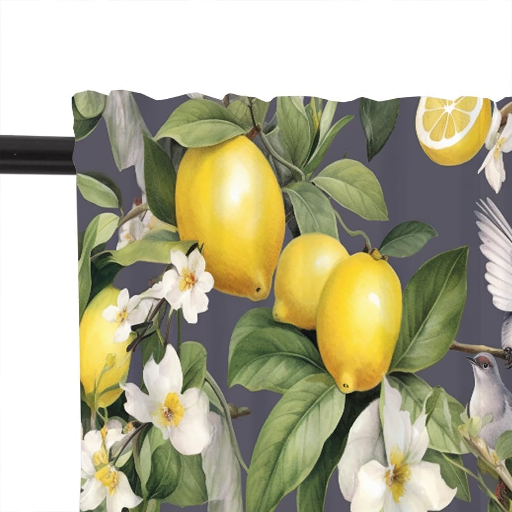 1 Panel Rustic Lemon Bird Window Valances, Yellow Fruit Food Window Treatment Decor Curtains Rod Pocket Valances for Kitchen/Living Room, 54" X 18"