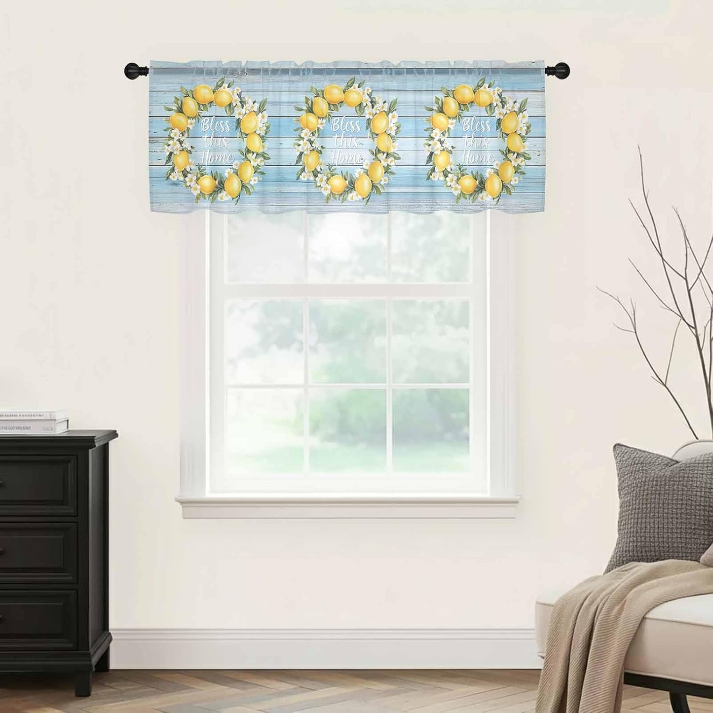 Country Bless This Home Sheer Curtain 18 Inch Long Yellow Lemon Blue Wood Grain Light Filtering Rod Pocket Voile Curtain Valance for Bedroom Kitchen Cafe Window 54" W x 18" L