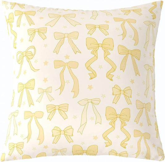 Watercolor Bow Throw Pillow Covers for Kids Girls Cute Yellow Bowknot Cushion Case Set of 1 16 x 16-Inch Coquette Bows Decor Pillowcase Bedroom Decor Soft Dreamy Princess Style Indoor Outdoor