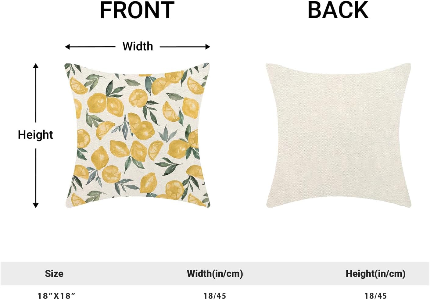 Yellow Lemon Pillow Covers 18x18 Inch Set of 2 Summer Throw Pillows Outdoor Decorative Seasonal Spring Summer Yellow Lemon Green Leaves Pillowcases Linen Cushion Covers for Sofa Couch
