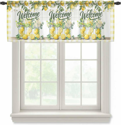 Summer Lemon Sheer Curtains Valances for Windows Yellow Plaid Fruits Floral Botanical Chiffon Kitchen Valances for Cafe, Rod Pocket Voile Window Treatments Curtains for Living Room Bedroom, 54"x18"