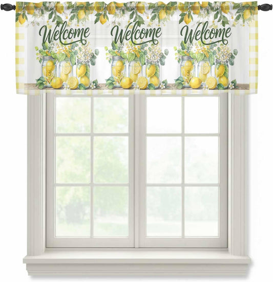 Summer Lemon Sheer Curtains Valances for Windows Yellow Plaid Fruits Floral Botanical Chiffon Kitchen Valances for Cafe, Rod Pocket Voile Window Treatments Curtains for Living Room Bedroom, 54"x18"