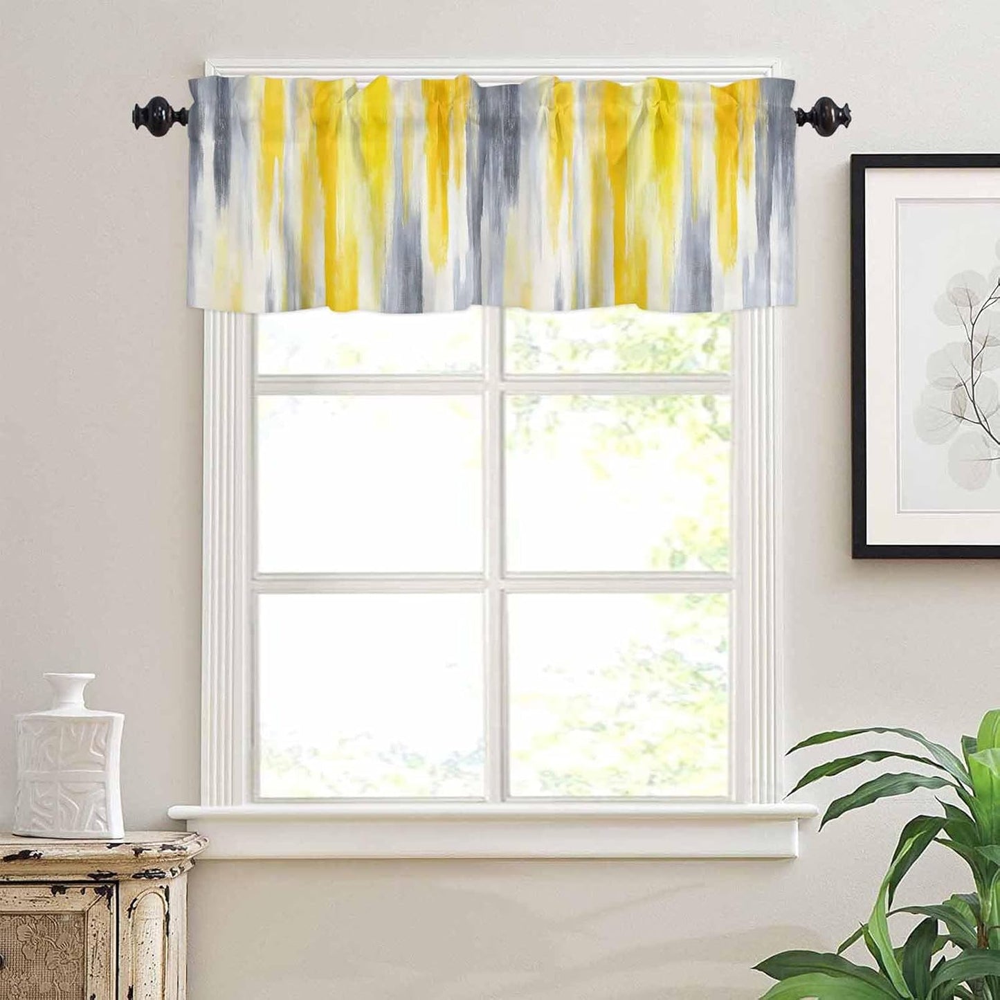 Abstract Valances for Windows/Bedroom/Living Room/Kitchen/Cafe, Retro Country Gray Yellow Semi Small Curtain Drapes Rod Pocket Light Filtering Window Treatment, 54" x 18"