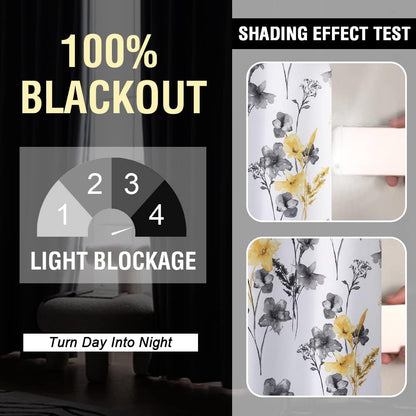 H.VERSAILTEX 100% Blackout Curtains for Bedroom Cattleya Floral Printed Drapes 84 Inches Long Leah Floral Pattern Full Light Blocking Drapes with Black Liner Rod Pocket 2 Panels, Grey/Yellow