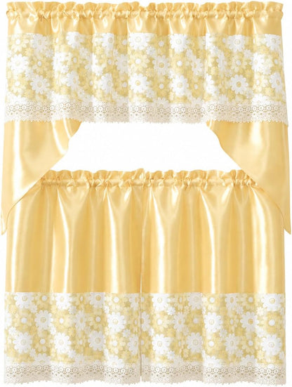 American Linen 3-Piece Floral Daisy Embroidered Curtain Set (Yellow) | 3-piece curtain set with matching valance and tiers. Floral embroidery, sequin accents, semi-sheer light-filtering fabric.