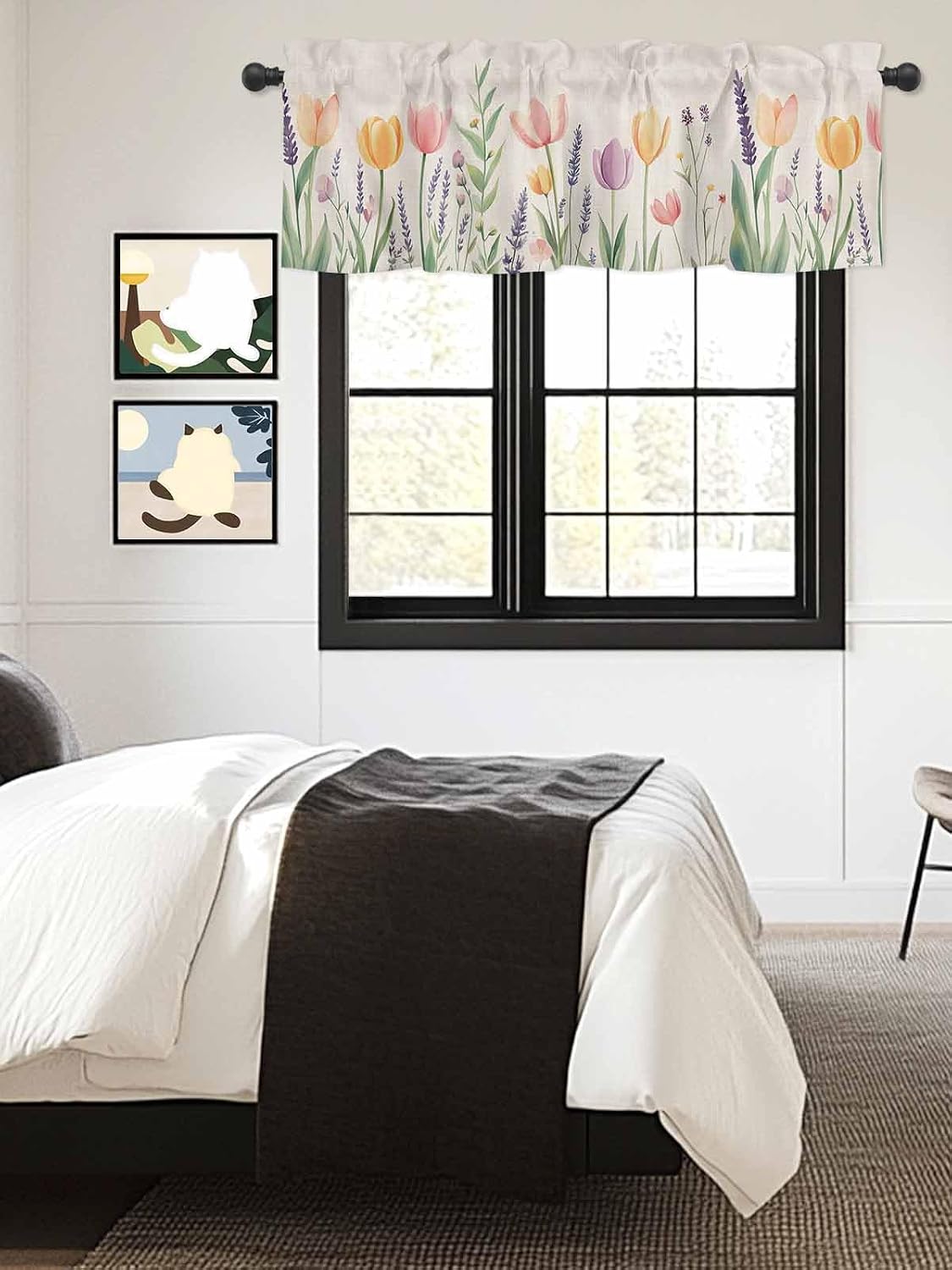 Spring Floral Valances for Windows, Pink Yellow Tulip Kitchen Curtains Window Treatment Decor, Summer Botanical Flowers Rod Pocket Short Window Valances for Living Room/Bedroom, 54" x 18"