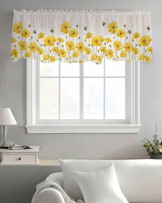 Yellow Daisy Floral Sheer Valance Curtains for Kitchen Living Room Decor, Honey Bee Rustic Flowers Semi Sheer Curtain Voile Valance Rod Pocket Window Treatment Short Curtain Panel 54"x18"
