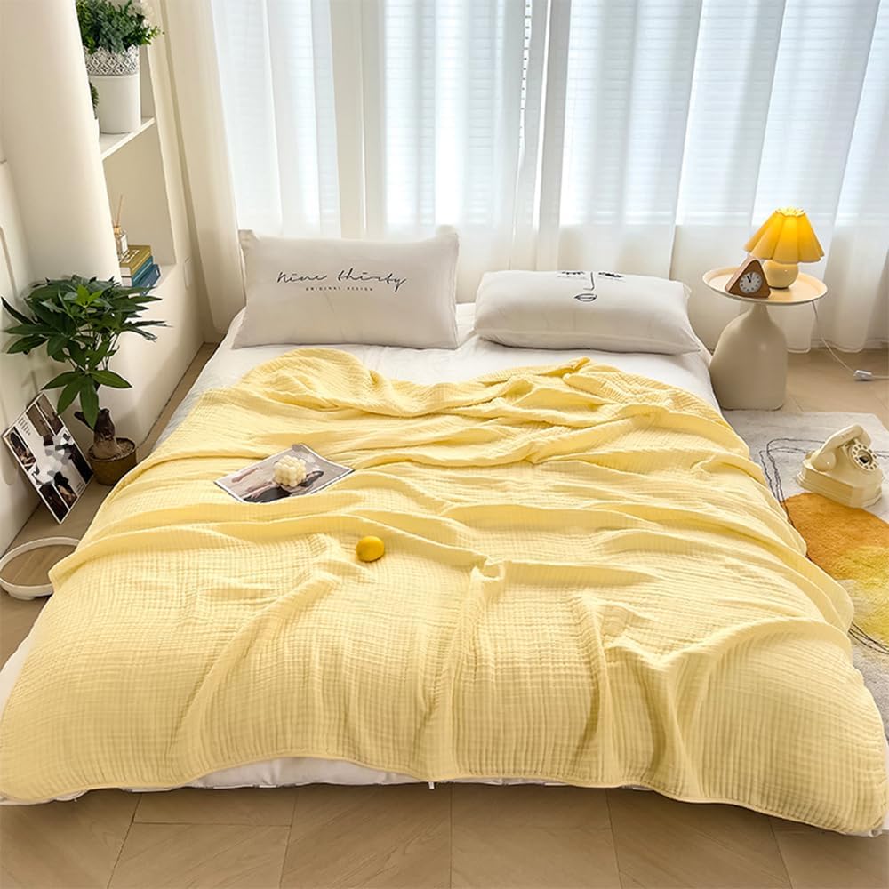 100% Cotton Muslin Throw Blanket for Bed - Knit Throw Blankets, All-Season Breathable and Lightweight Gauze Cotton Muslin Blanket,Yellow,45x60 inch