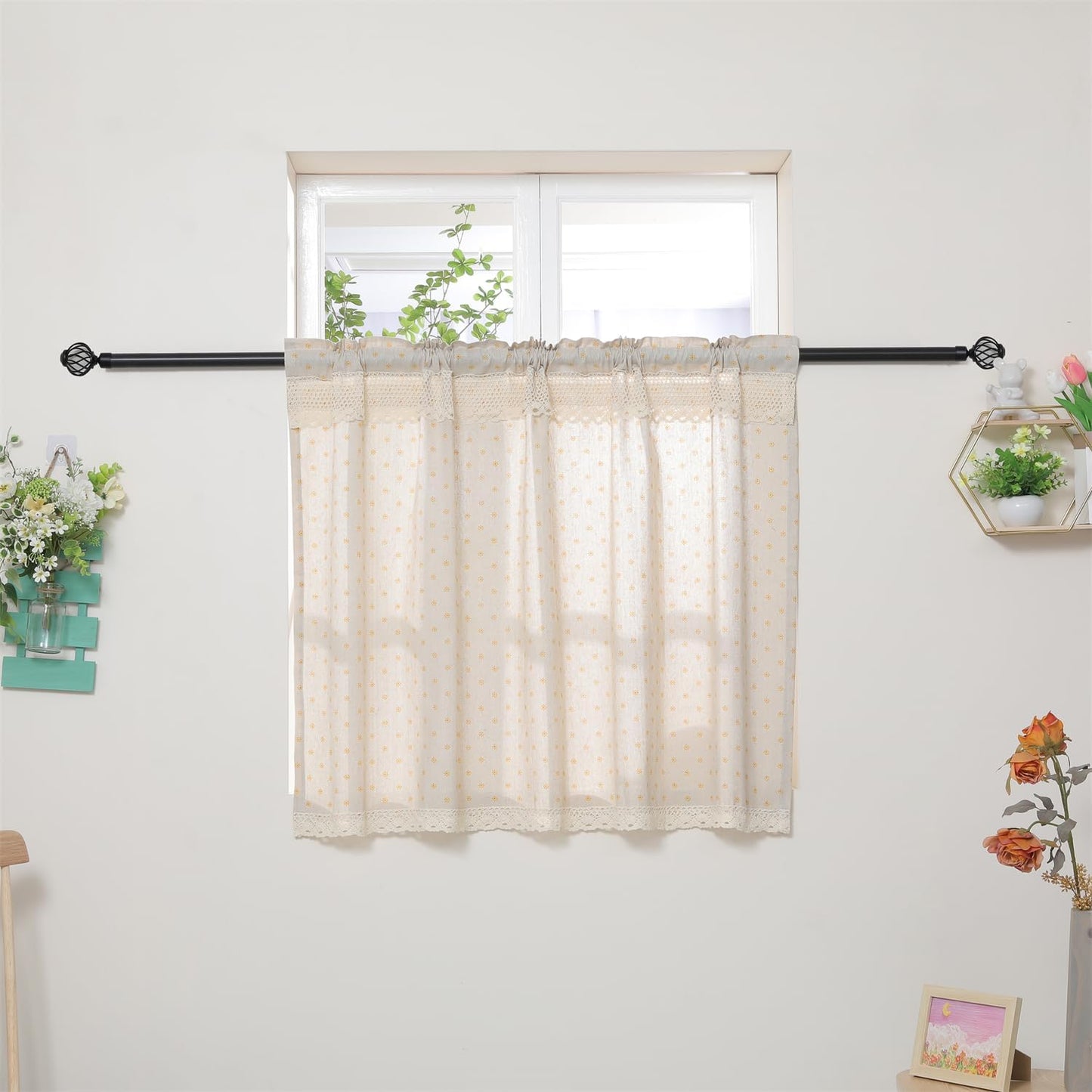 Farmhouse Cotton Linen Tier Curtain 31.4 Inch Long Elegant Floral Lace Window Valance Kitchen Bathroom Short Curtain, 1 Panel, Yellow Daisy