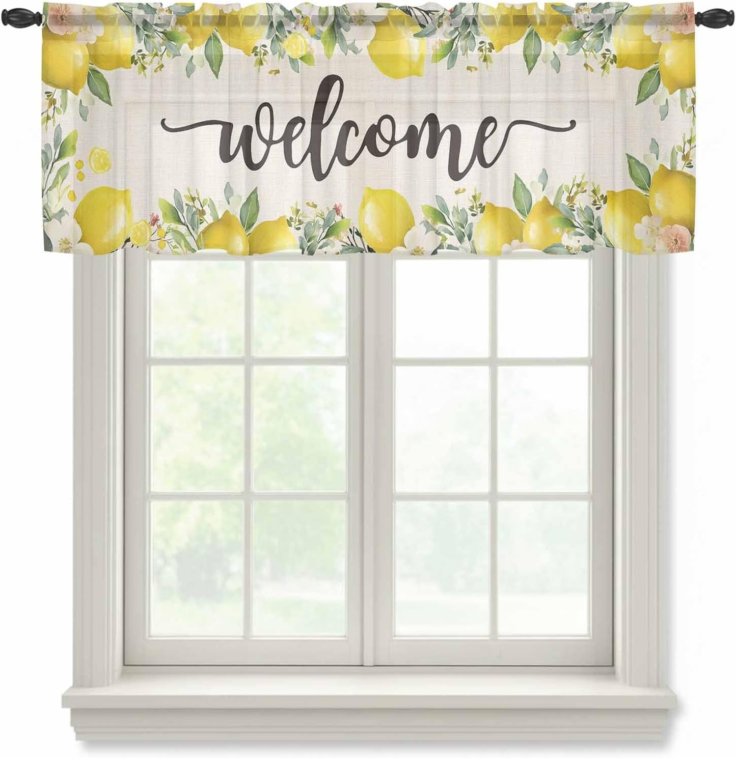 Country Sheer Curtain 18 Inch Long Welcome Yellow Lemon Farm Linen Texture Light Filtering Rod Pocket Voile Curtain Valance for Bedroom Kitchen Cafe Window 54" W x 18" L