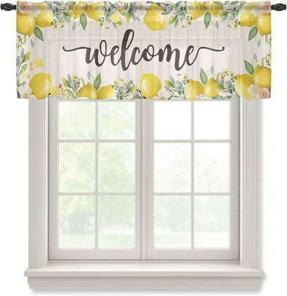 Country Sheer Curtain 18 Inch Long Welcome Yellow Lemon Farm Linen Texture Light Filtering Rod Pocket Voile Curtain Valance for Bedroom Kitchen Cafe Window 54" W x 18" L