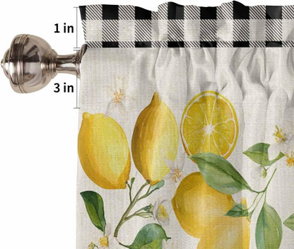 Valances for Window Semi Sheer Valance Light Filtering Small Window Curtains Art Farm Summer Yellow Lemon Black White Plaid Curtain for Living Room Bathroom 60"x18"