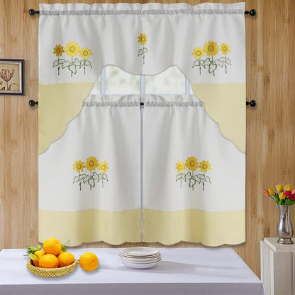 All American Collection Modern Contemporary 3pc Embroidered Home Kitchen Window Treatment Curtain Set (Swag Valance, Yellow Sunflower)